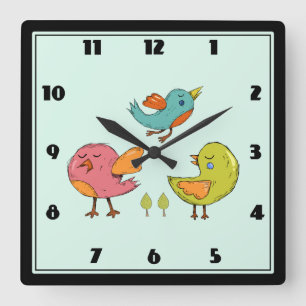 Colorful Cute Whimsical Birds Quadratische Wanduhr