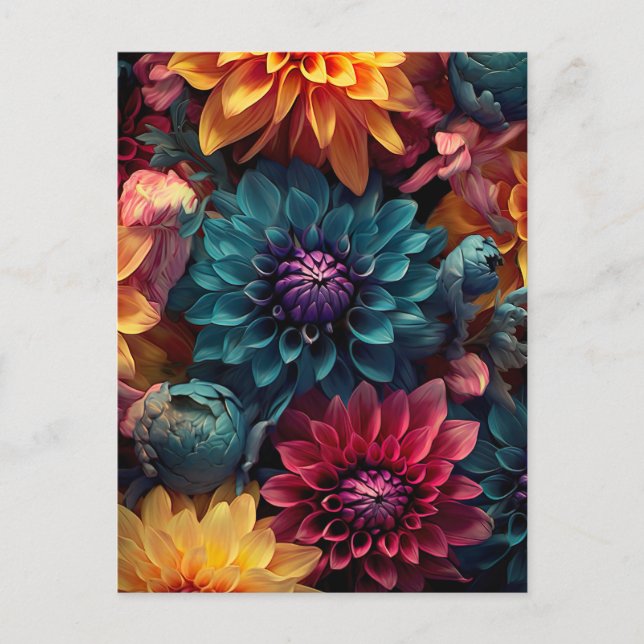 colorful dahlia flowers in dark colors postkarte (Vorderseite)