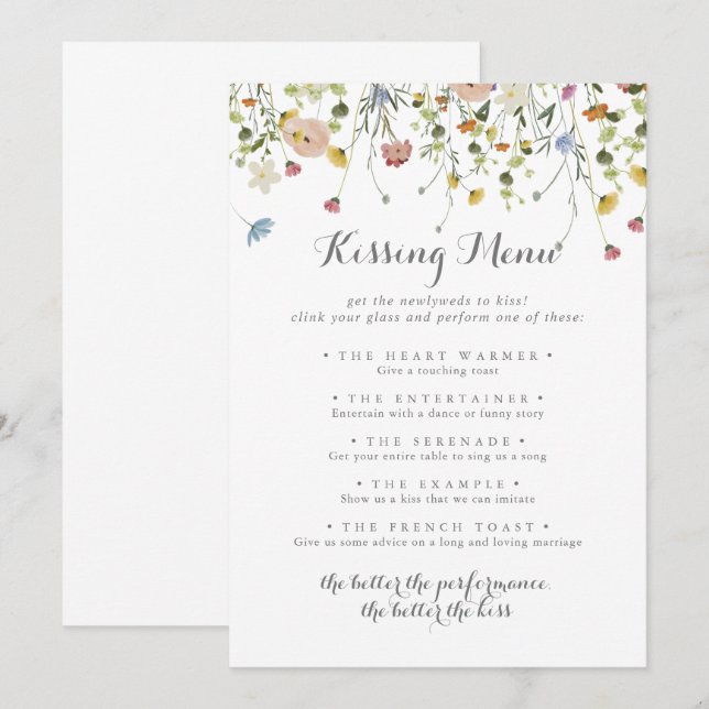 Colorful Dainty Wedding Kissing Menu Game Card (Vorne/Hinten)