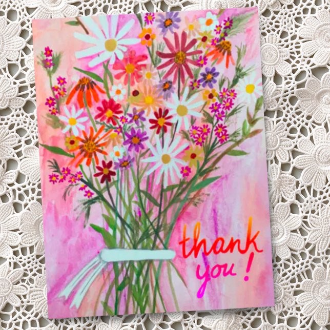 Colorful Daisy Bouquet Vielen Dank Postkarte (Pretty watercolor wildflower daisy bouquet custom thank you card)