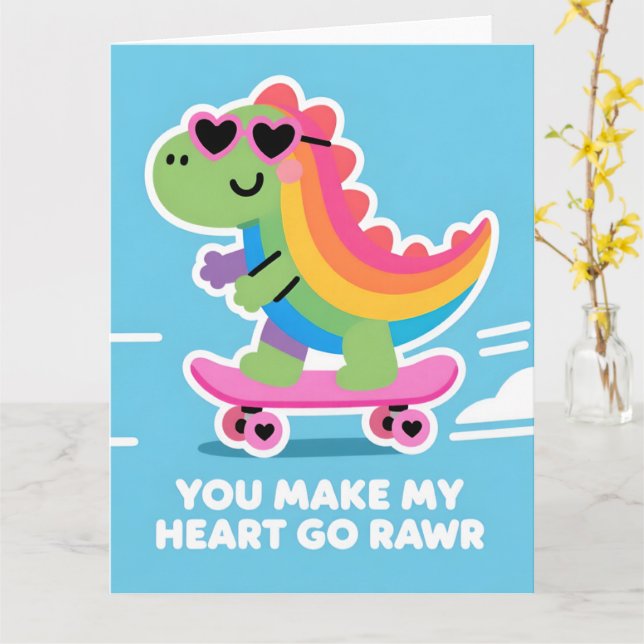Colorful Dino Love Funny Valentine Card Karte (Gelbe Blume)