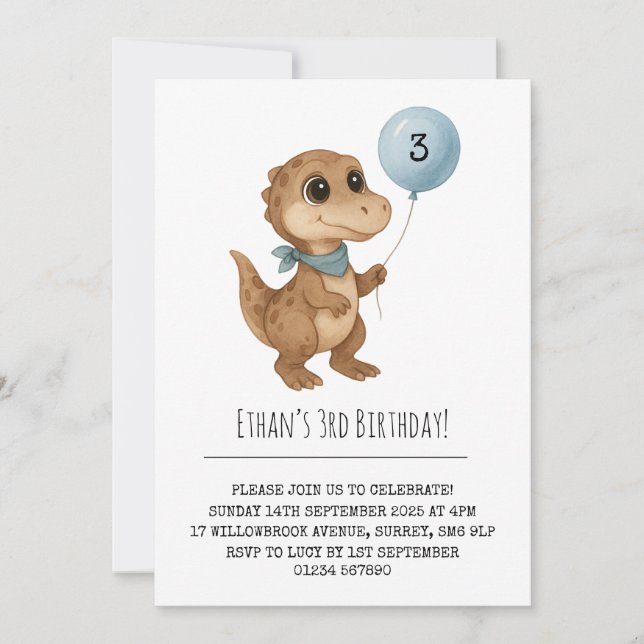 Colorful Dino with Blue Scarf and Balloon Birthday Einladung (Vorderseite)