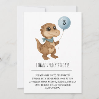 Colorful Dino with Blue Scarf and Balloon Birthday Einladung