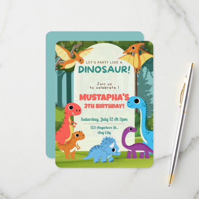 Colorful Dinosaur Kids 3rd Birthday Party Invitati RSVP Karte (Vorderseite/Rückseite Beispiel)