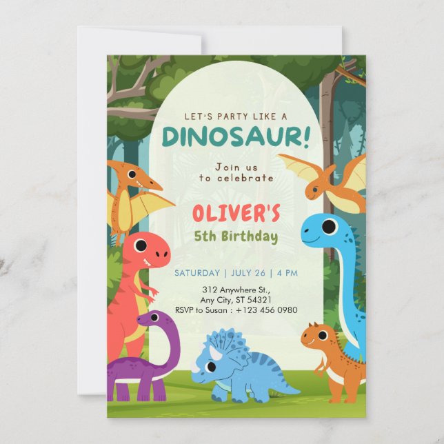 Colorful Dinosaur T-rex 5th Birthday Invitation   Einladung (Vorderseite)