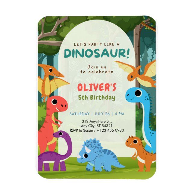 Colorful Dinosaur T-rex 5th Birthday Invitation   Magnet