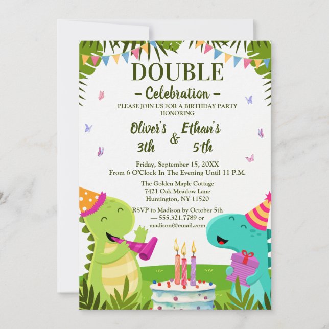 Colorful Dinosaurs Kids Joint Birthday Invitation Einladung (Vorderseite)