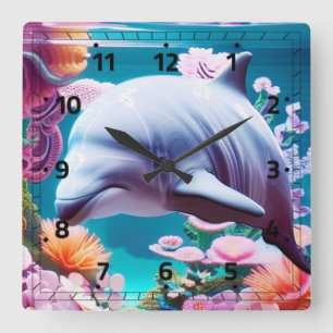 Colorful Dolphin in a Floral Ocean - Ocean Lover  Quadratische Wanduhr