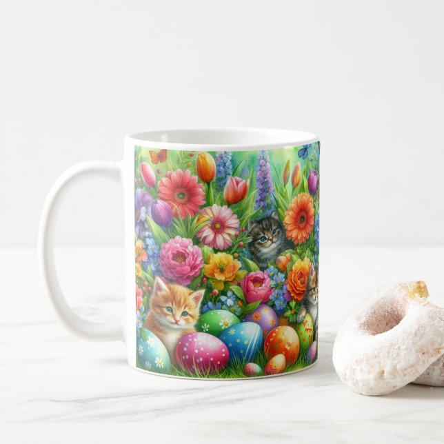 Colorful Easter Flowers and Cute Cats  Kaffeetasse (Mit Donut)