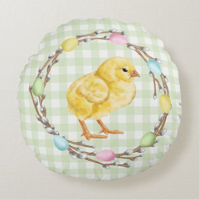 Colorful Easter Willow Wreath With Yellow Chick Rundes Kissen (Vorderseite)