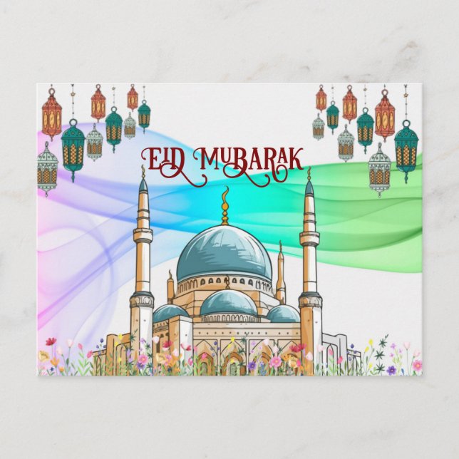 Colorful Eid Mubarak Card mit Moschee Postkarte (Vorderseite)