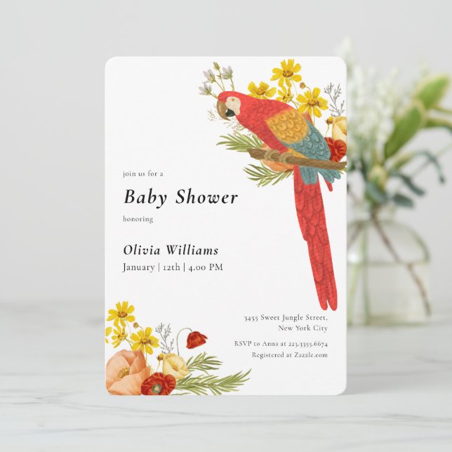 Colorful Elegant Floral Parrot Bird Baby Shower  Einladung (Stehend Vorderseite)