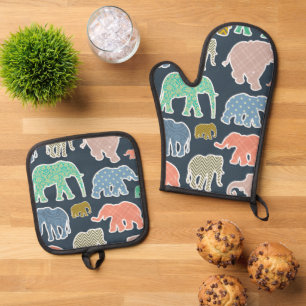 Colorful Elephants, Pattern Of Elephants, Zigzag Ofenhandschuh & Topflappen-Set
