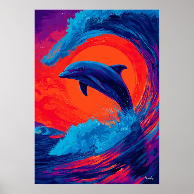 Colorful Expressionist Dolphin Wave Wall Art Poster (Vorne)