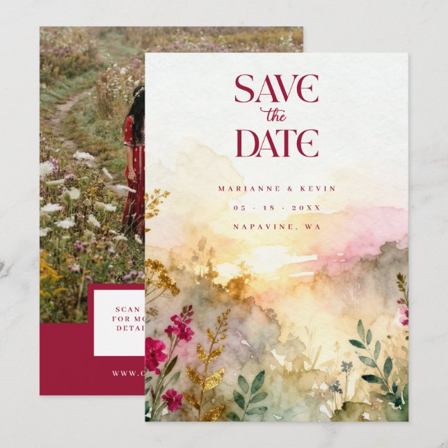 Colorful Exquisite Wildflowers Field Wedding Photo Save The Date (Vorne/Hinten)