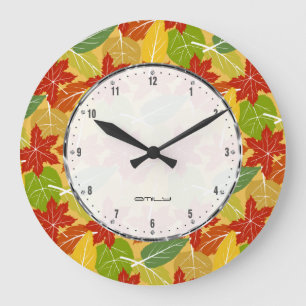 Colorful Fall Leafs Pattern Große Wanduhr