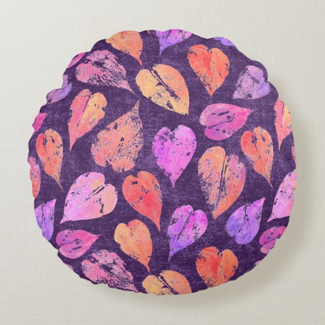 Colorful Fall Leaves On Purple Pattern Rundes Kissen (Vorderseite)