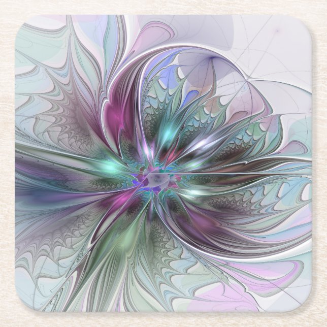 Colorful Fantasy Abstract Modern Fractal Flower Rechteckiger Pappuntersetzer (Vorderseite)
