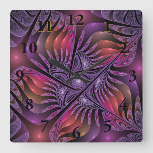 Colorful Fantasy Abstract Trippy Purple Fractal Quadratische Wanduhr