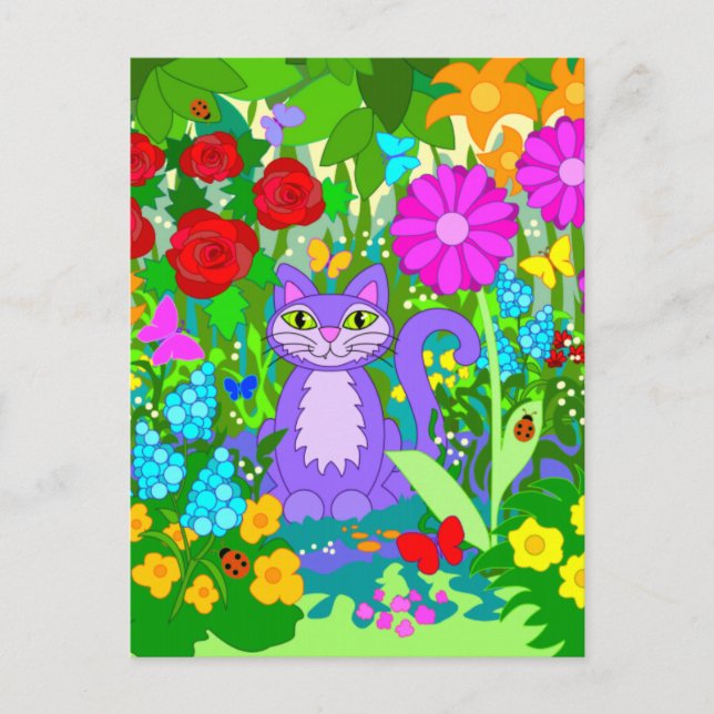 Colorful Fantasy Garden Smiling Cat Butterflies Postkarte (Vorderseite)