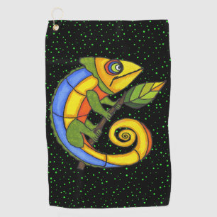 Colorful Fantasy Lizard Holding Twig Leaf Dots Golfhandtuch