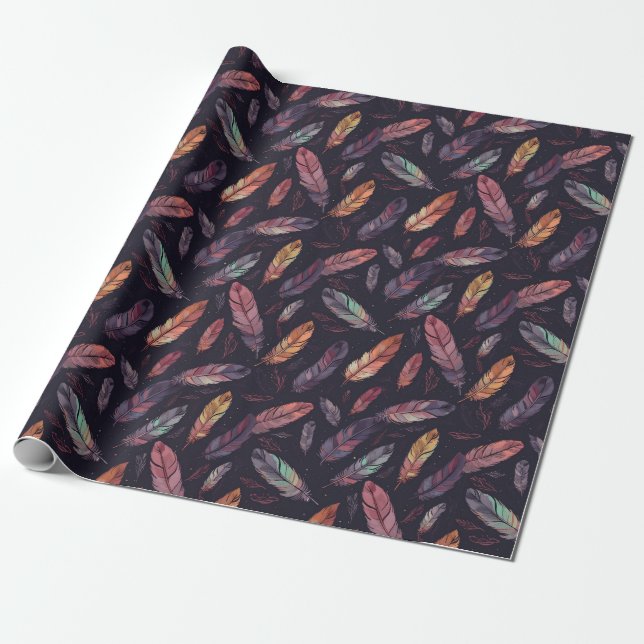 Colorful Feather Pattern on Black Background Geschenkpapier (Ungerollt)