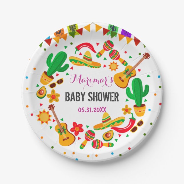 Colorful Fiesta Mexican Culture Cactus Baby Shower Pappteller (Vorderseite)