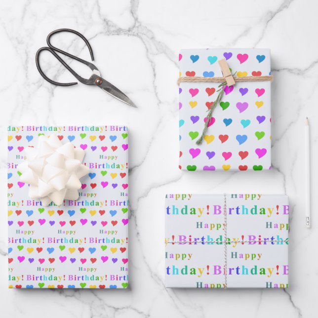 Colorful Flirty Hearts and Happy Birthday Geschenkpapier Set (Vorderseite)
