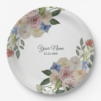 Colorful Floral Blue Butterfly Green Wedding Party Pappteller