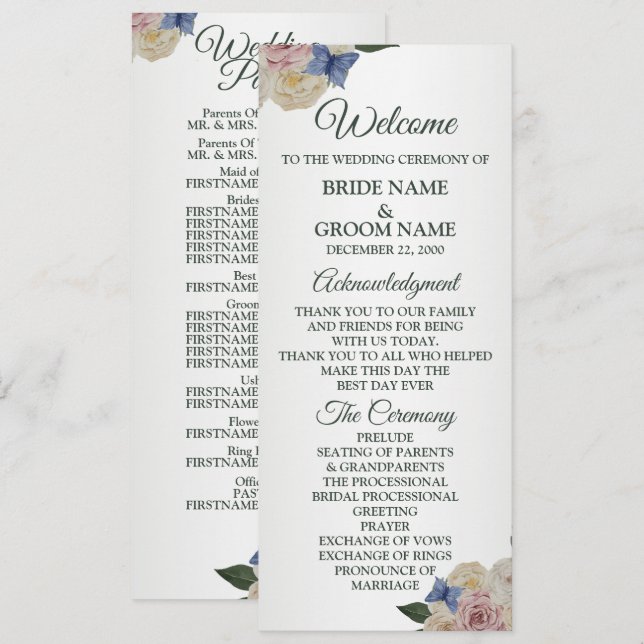 Colorful Floral Blue Butterfly Green Wedding  Programm (Vorne/Hinten)