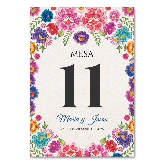 Colorful Floral Botanical Fiesta Spanish Wedding Tischnummer (Vorderseite)