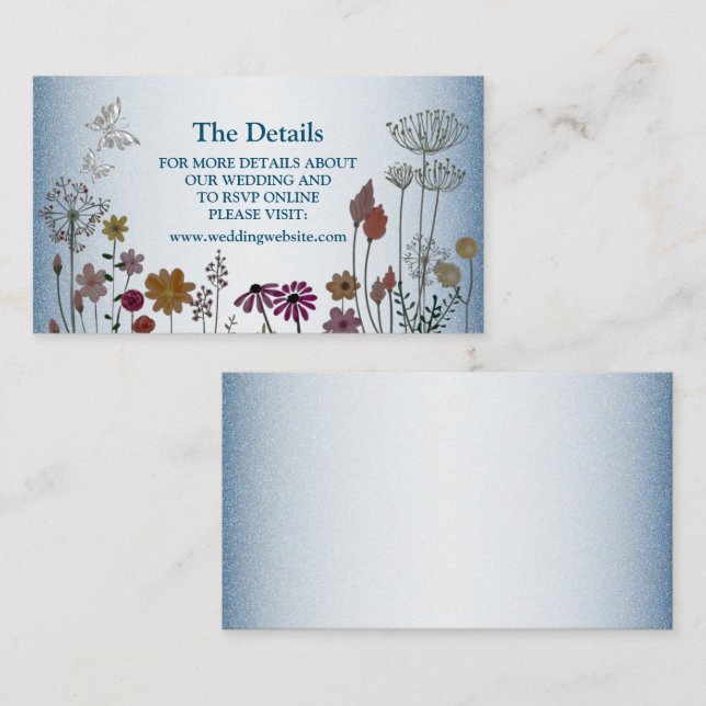 Colorful Floral Garden Blue Glitter Wedding Detail Begleitkarte (Vorne/Hinten)