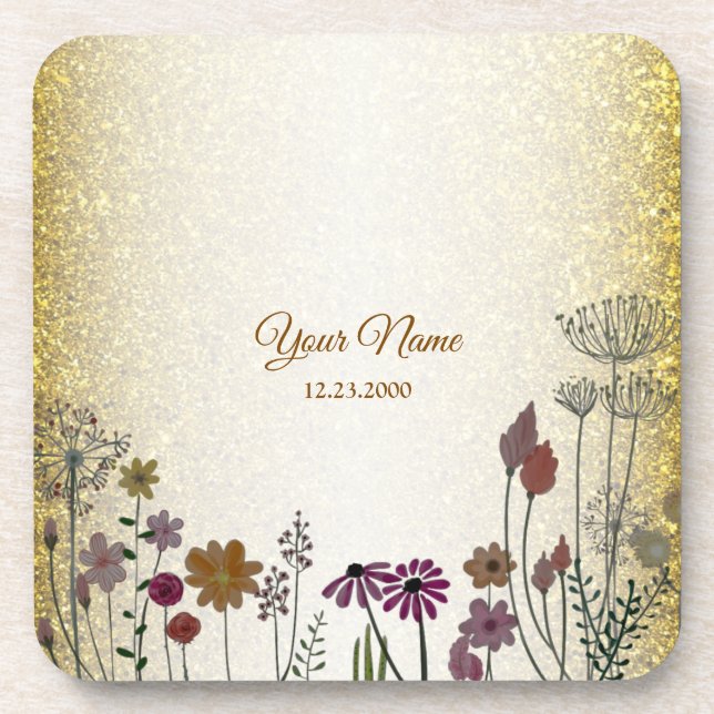 Colorful Floral Garden Gold Glitter Wedding Party Getränkeuntersetzer (Vorderseite)