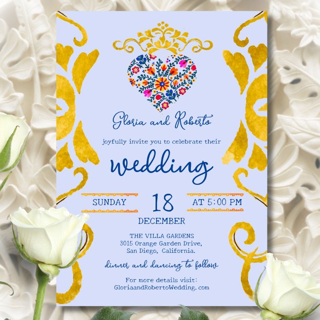 Colorful Floral Heart Baroque Mexican Wedding Einladung (Golden Baroque swirls frame a vibrant Mexican floral heart in cobalt, marigold, and coral tones.)