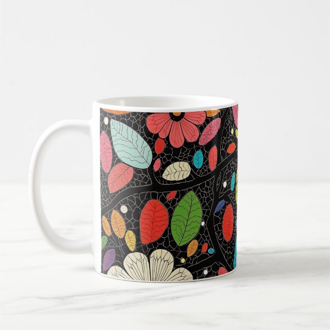 🌼 Colorful Floral Pattern on Black - Bold & Vibra Kaffeetasse (Links)