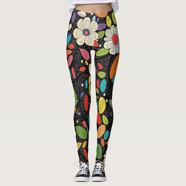 🌼 Colorful Floral Pattern on Black - Bold & Vibra Leggings (Vorderseite)
