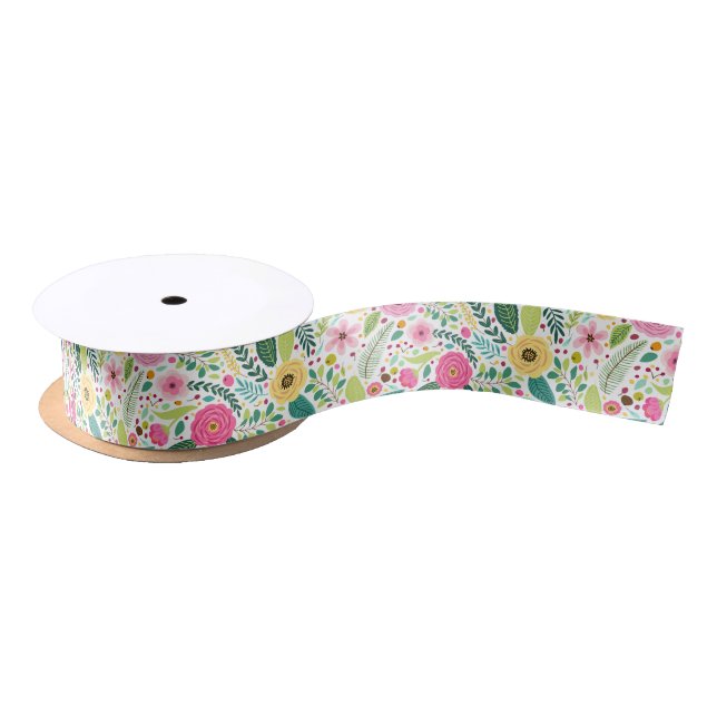 Colorful floral pattern with pink, yellow satinband (Spule)