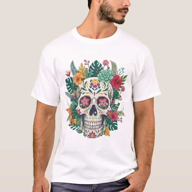 Colorful Floral Sugar Skull Illustration T-Shirt (Vorderseite)