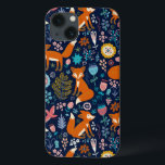 Colorful Flowers & Foxes Pattern Case-Mate iPhone Hülle<br><div class="desc">Colorful retro flowers cute birds and red foxes cartoon style illustration dark dark blue background color you can change</div>