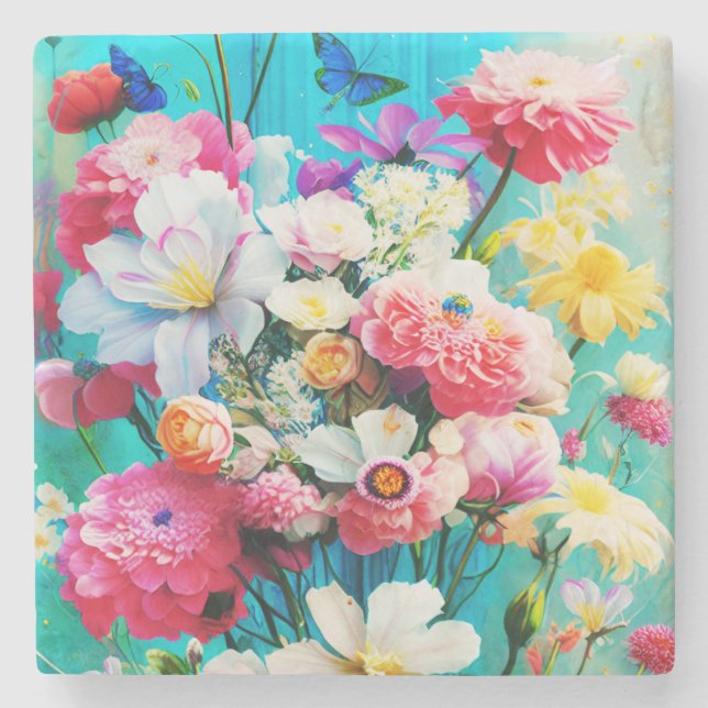 Colorful Flowers  on Teal Steinuntersetzer (Vorderseite)