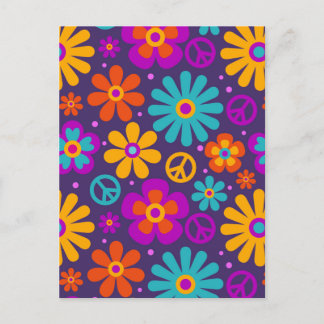 Colorful Flowers Peace Love Groovy Retro Hippie Postkarte