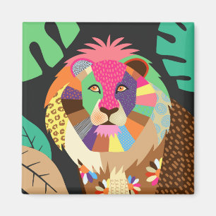 Colorful Folk Art Jungle Lion Animal Portrait Magnet