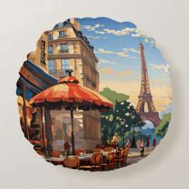 Colorful French Cafe Eiffel Tower Paris France Rundes Kissen