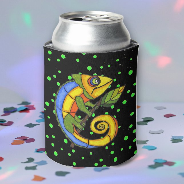 Colorful Fun Lizard Branch Dots Dosenkühler (Fantasy colourful lizard holding leaf on twig on black with green dots drink can cooler.)