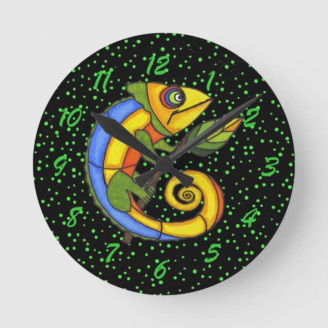 Colorful Fun Lizard Branch Dots Runde Wanduhr (Vorderseite)