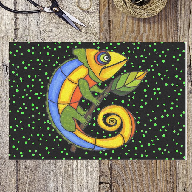 Colorful Fun Lizard Branch Dots Seidenpapier (Colourful fantasy lizard holding leaf on twig on green dots on black tissue wrapping paper.)