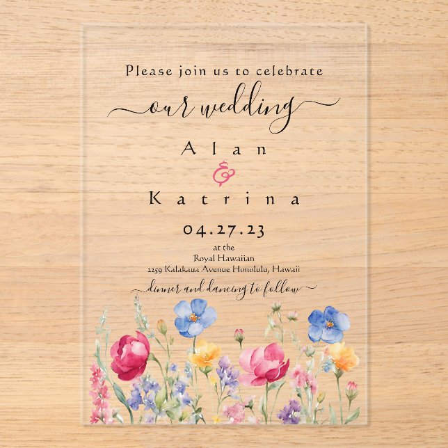 Colorful Garden Boho Wildflower Wedding Invitation Acryleinladungen (Vorderseite)