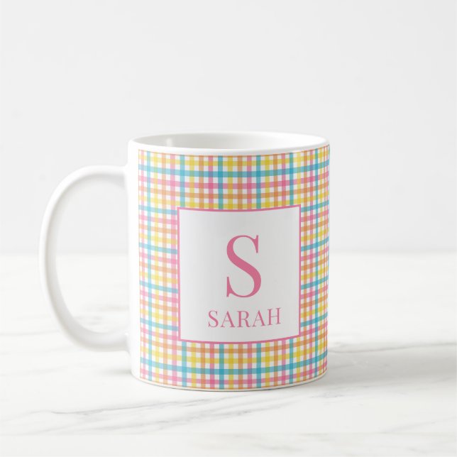 Colorful Gingham Check Custom Name Initial Mug Kaffeetasse (Links)