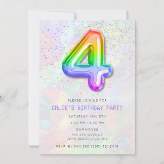 Colorful Girl's 4th Birthday Balloon Party Einladung