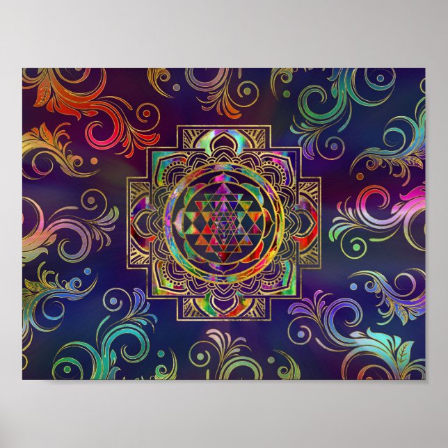 Colorful Gold gerahmt Sri Yantra Sri Chakra Poster (Vorne)